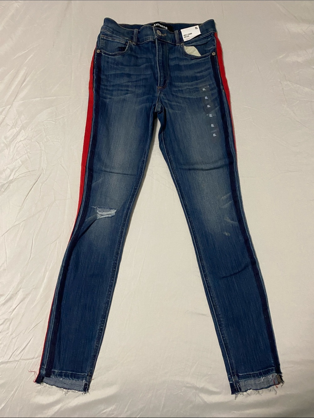 Express Dark Wash Skinny Jeans with Red Side Stripe